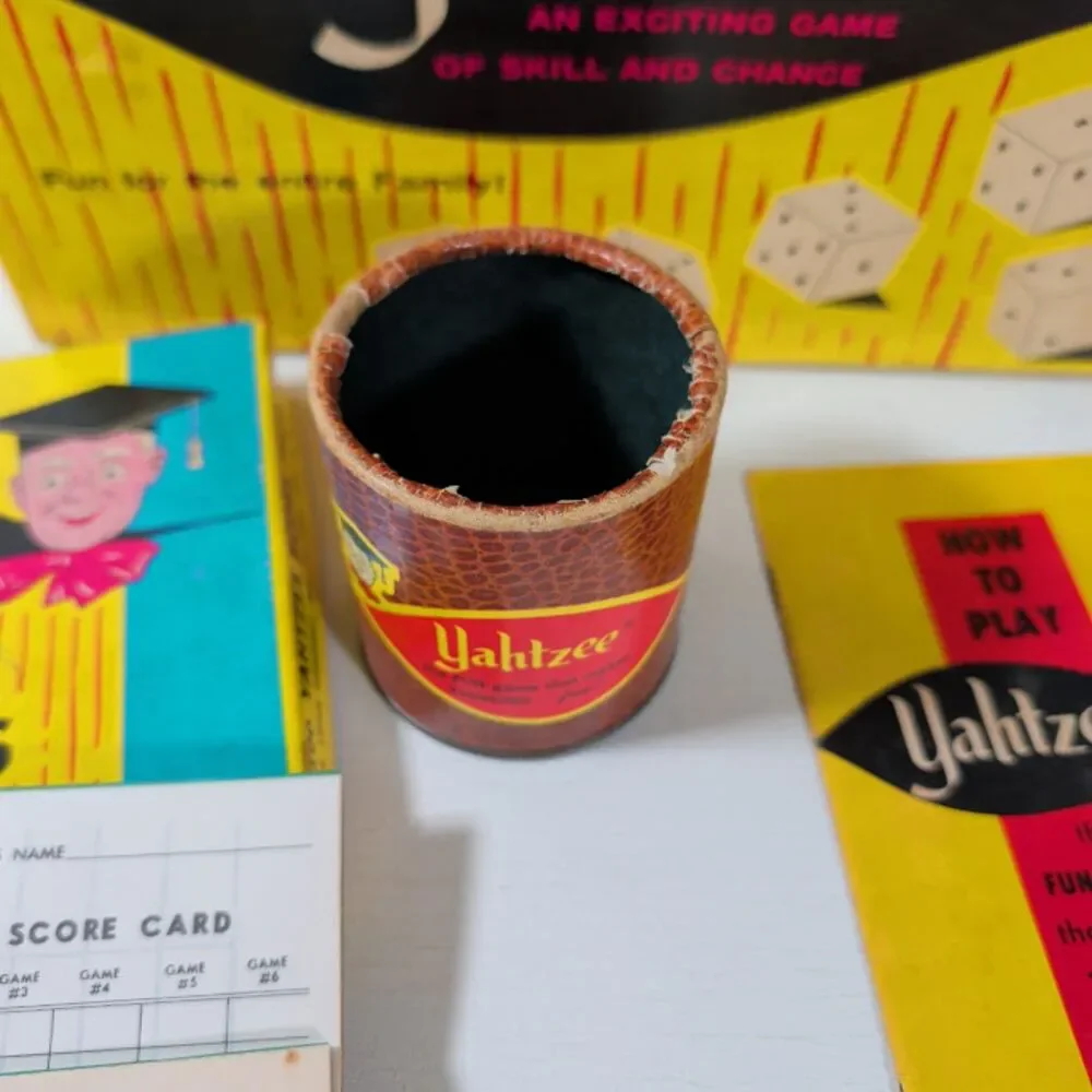 Vintage 1967 Lowe Yahtzee Dice Game Complete Dice Cup Score Pads Chips Pencils